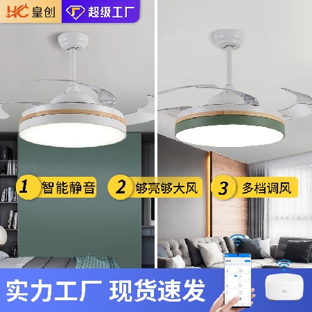 現(xiàn)代簡(jiǎn)約隱形風(fēng)扇燈 木紋靜音餐廳語音智能客廳燈臥室吊扇燈廠家