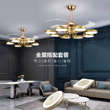 多頭大風(fēng)力輕奢風(fēng)扇燈后現(xiàn)代簡約客廳燈風(fēng)扇燈酒店餐廳隱形吊扇燈